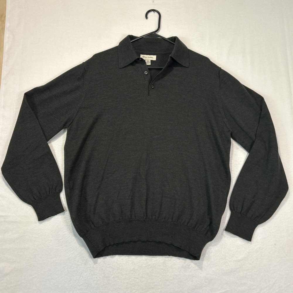 John Nordstrom Men Large Dark Gray Merino Wool Polo Collar Sweater Italy